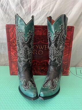 RARE Women’s  Cowboy Pro Leather Tall Shaft Studded Black & Teal Boots Size 9